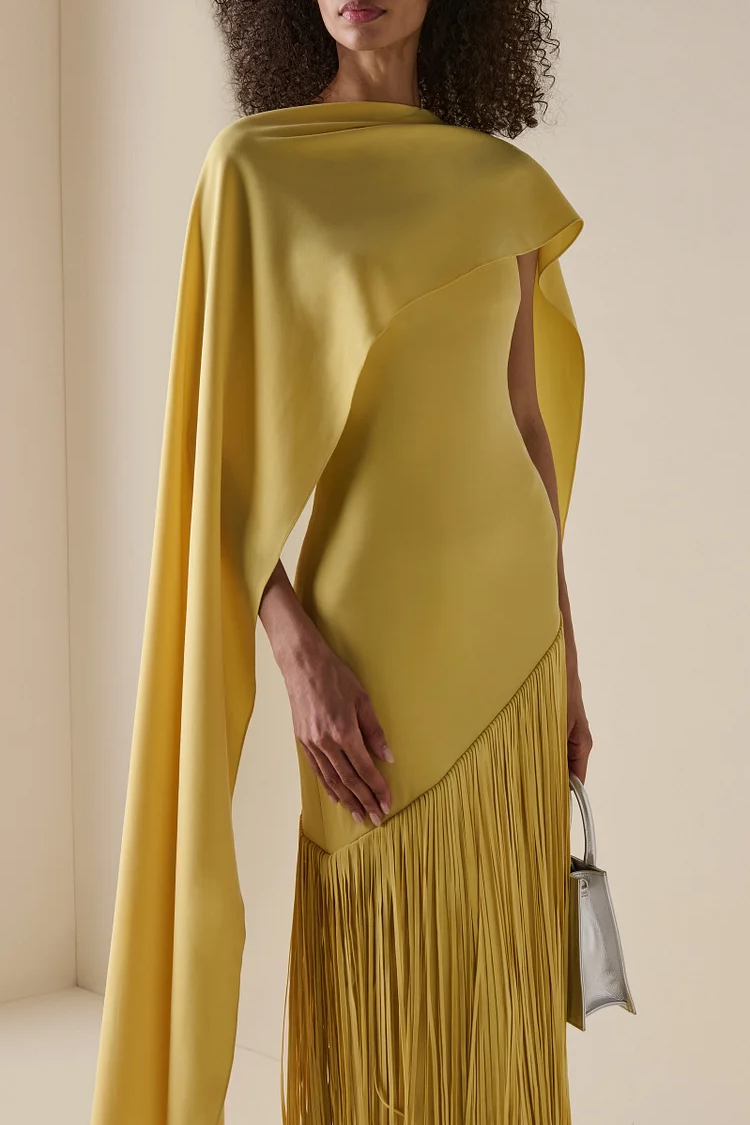Solid Satin Tassel Maxi Dress With Cape