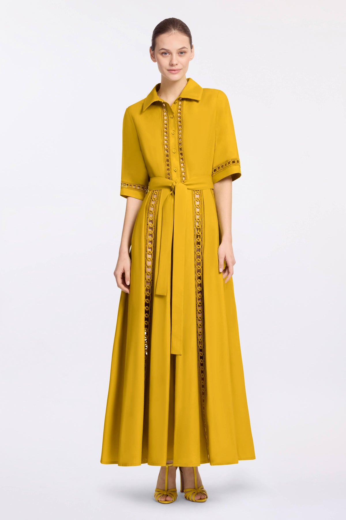 Linen Lace Cut-Out Single Breasted Midi Dress With Belt