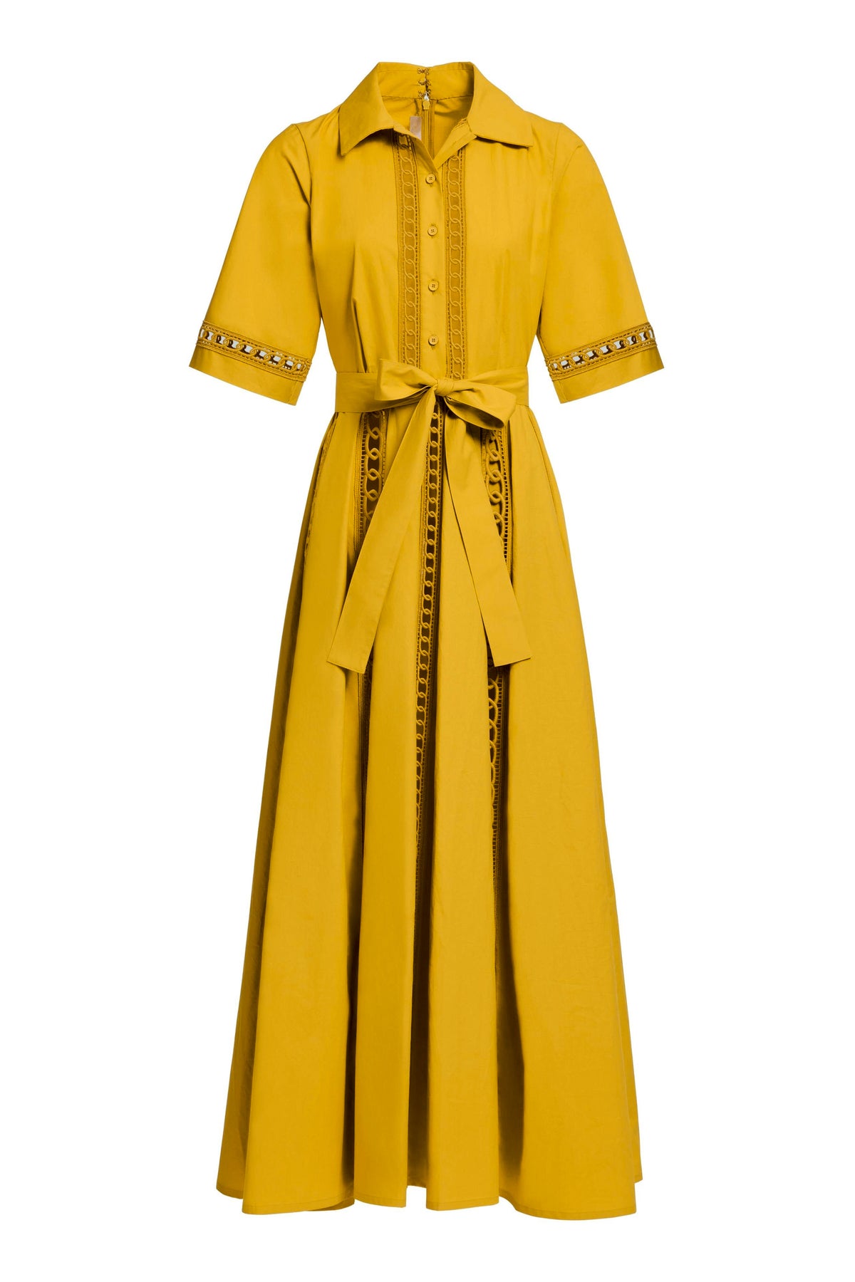 Linen Lace Cut-Out Single Breasted Midi Dress With Belt