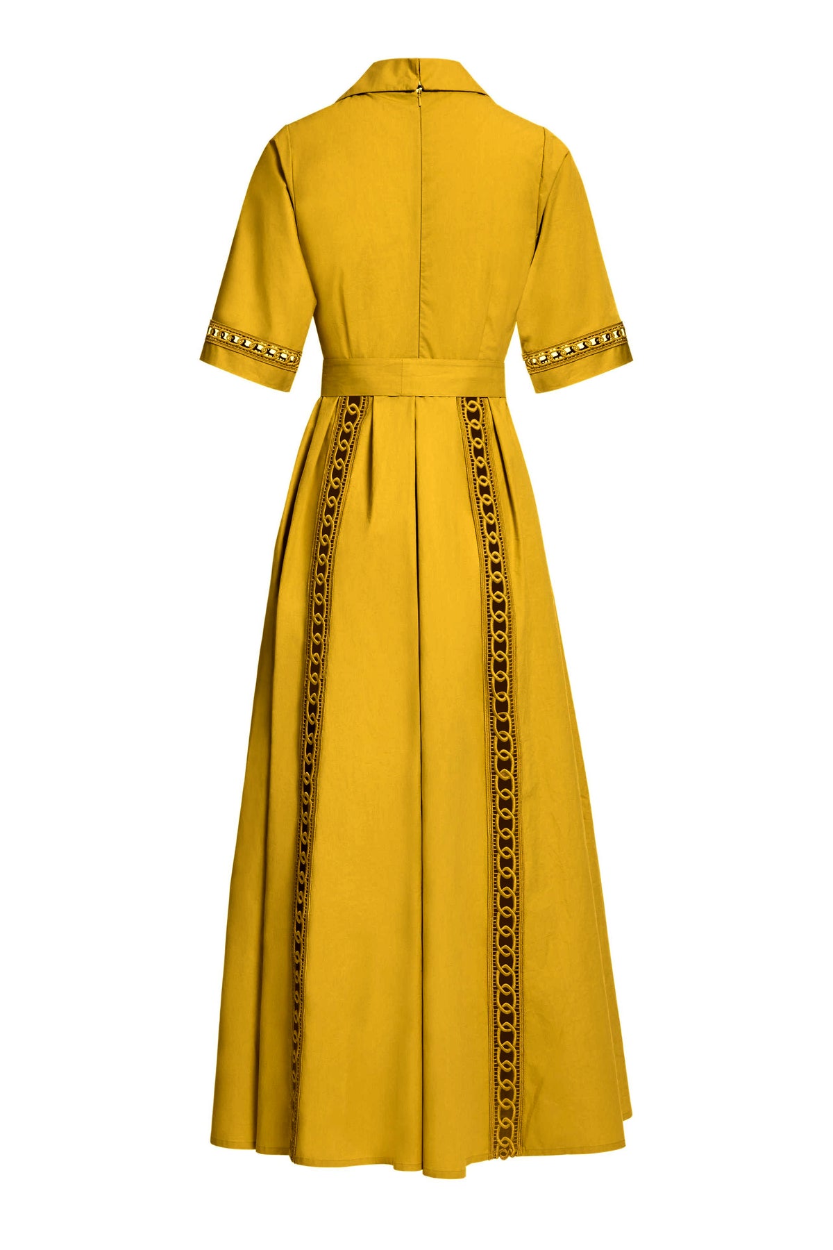 Linen Lace Cut-Out Single Breasted Midi Dress With Belt
