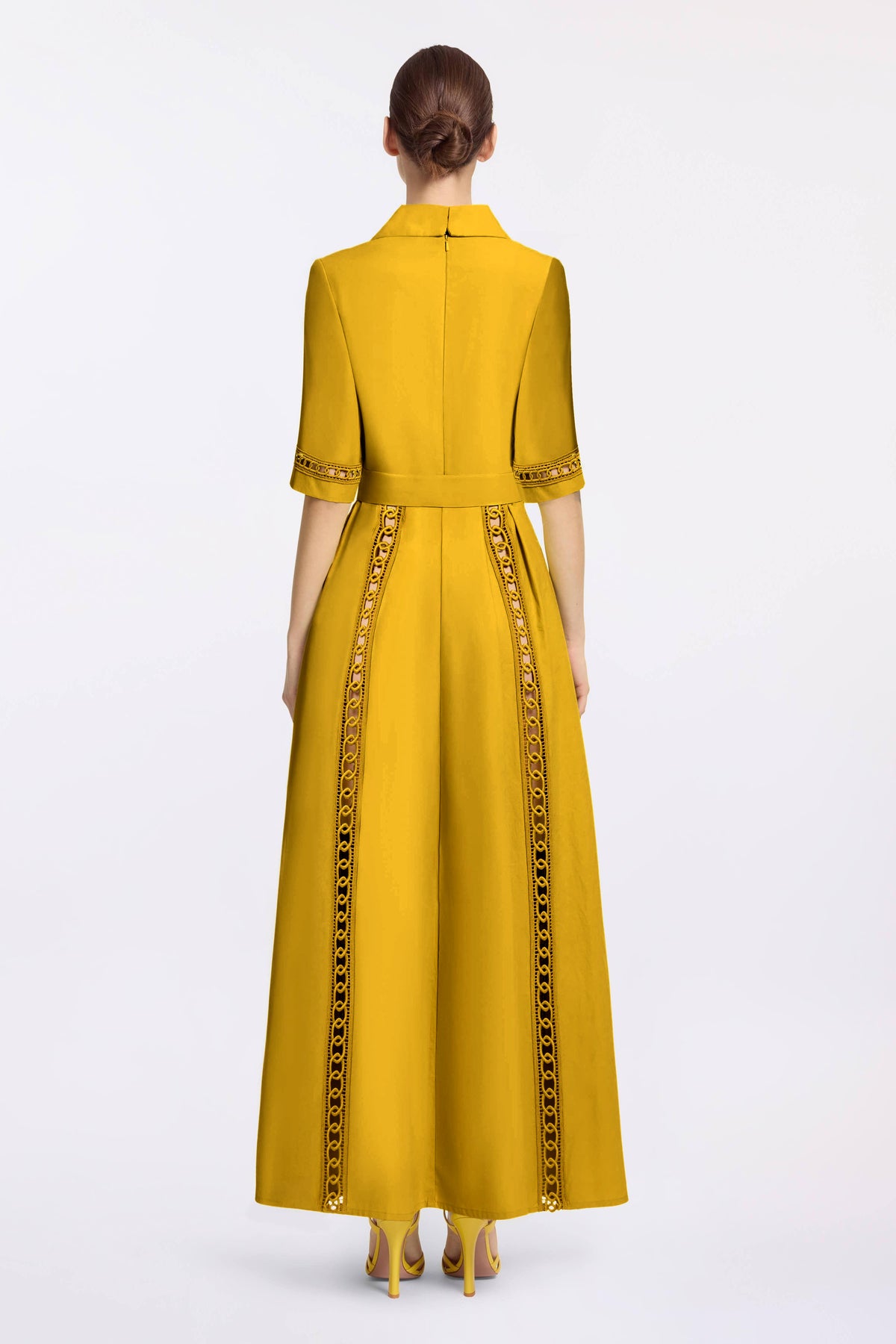 Linen Lace Cut-Out Single Breasted Midi Dress With Belt