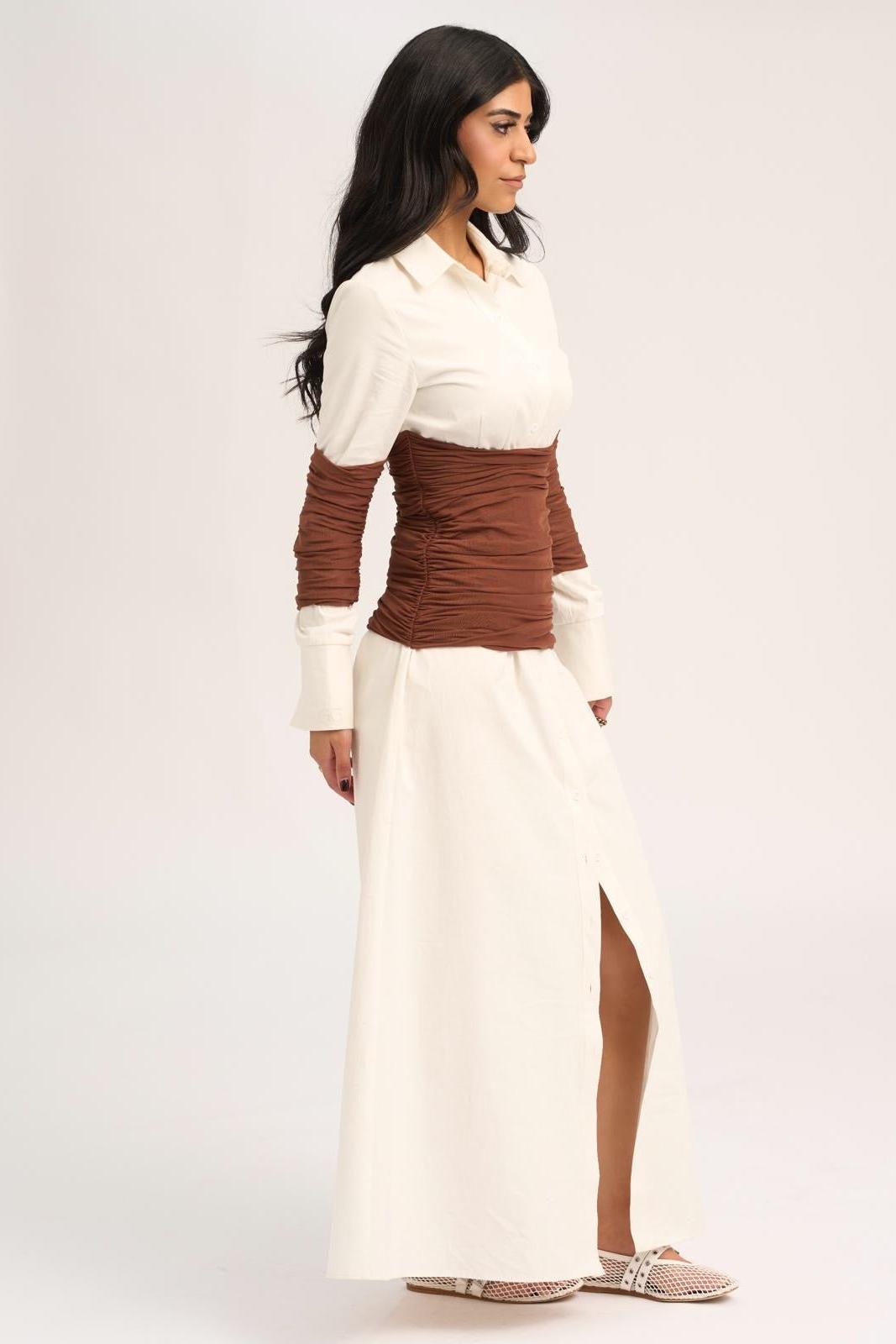 Contrast Color Shirt Collar Gathering Maxi Dress