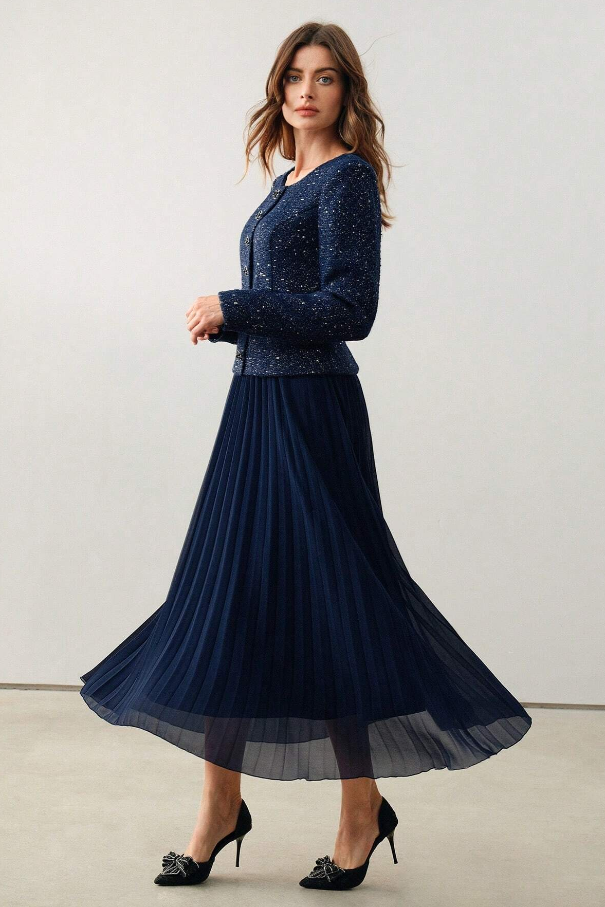 Sequin Pleated Midi Dress With Belt