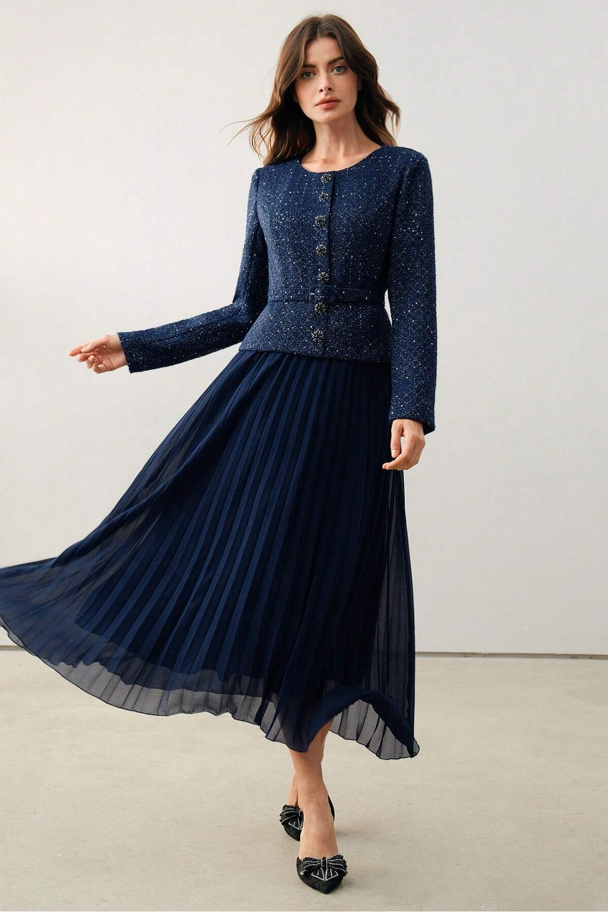 Sequin Pleated Midi Dress With Belt