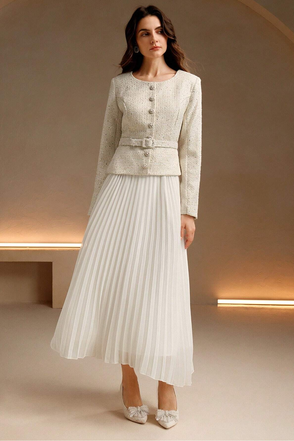 Sequin Pleated Midi Dress With Belt
