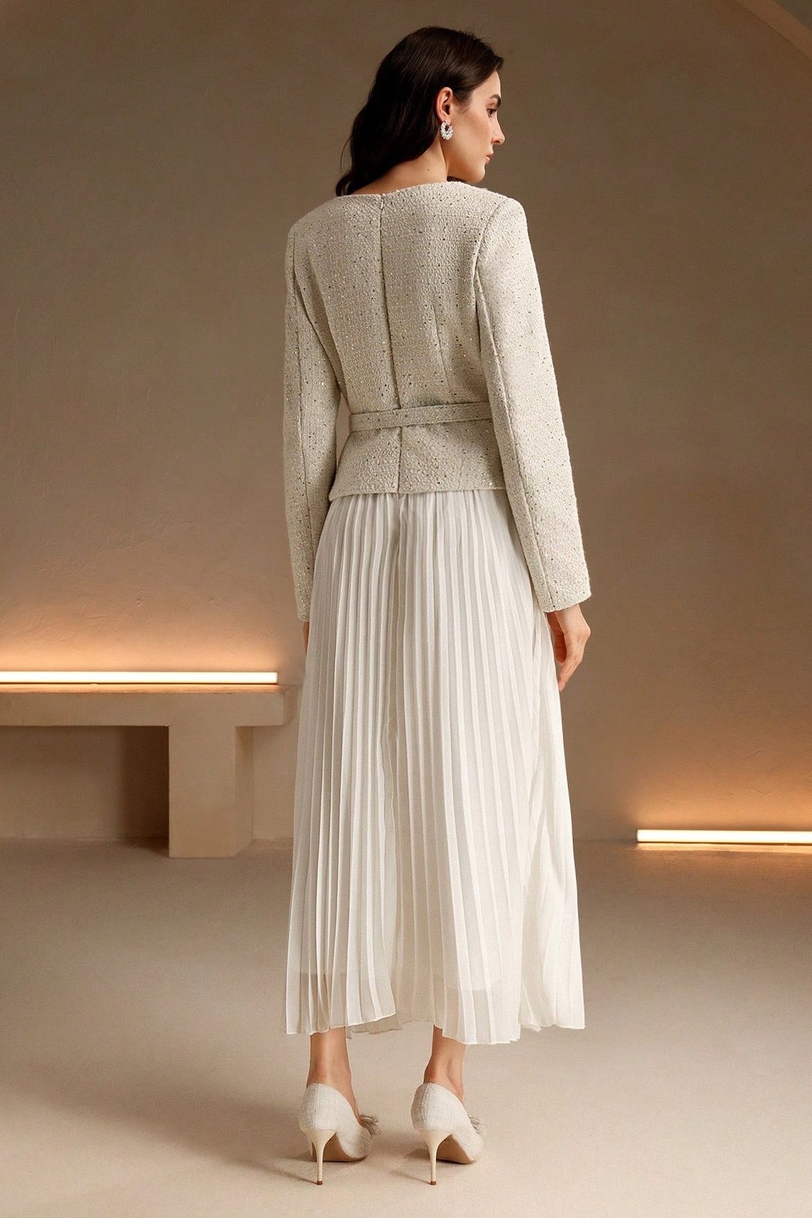 Sequin Pleated Midi Dress With Belt
