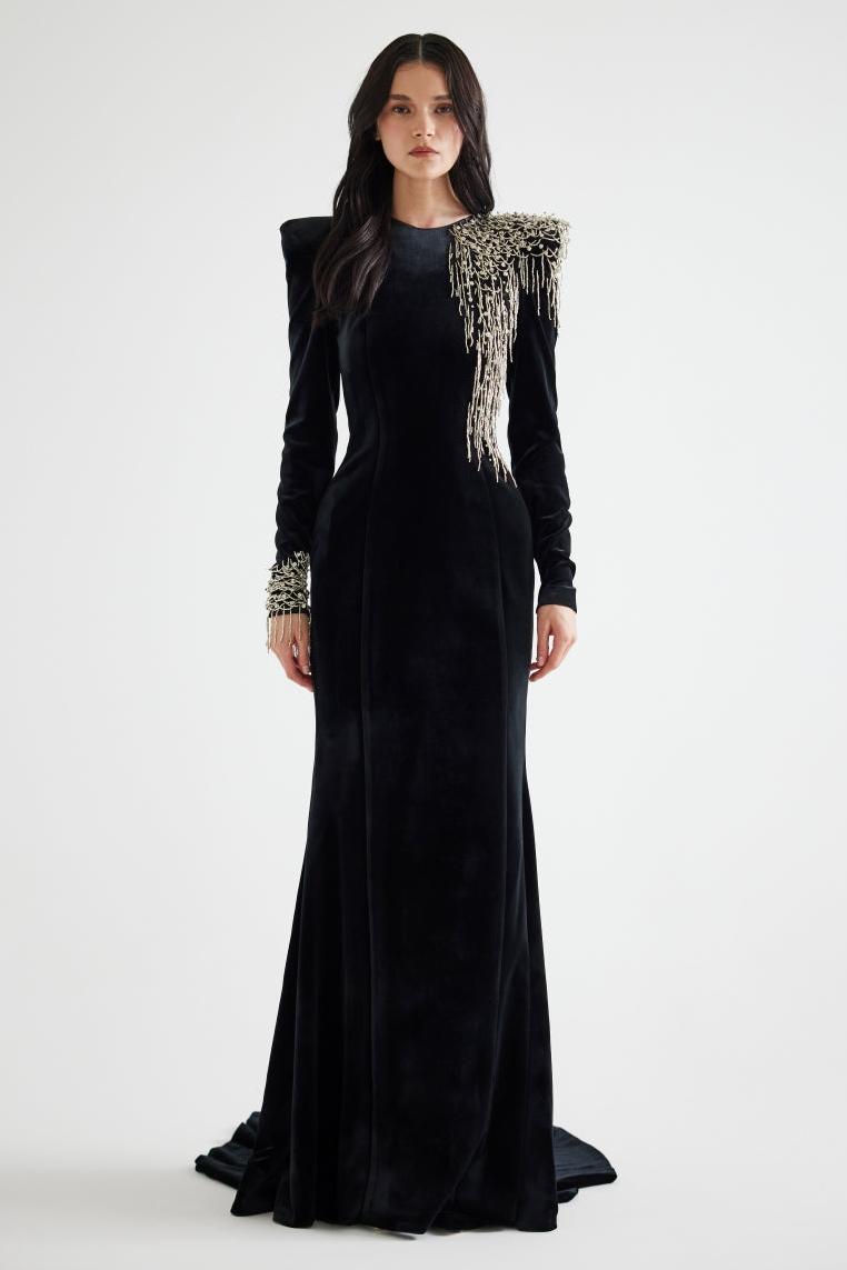 Nail Bead Embroidery Velvet Maxi Dress