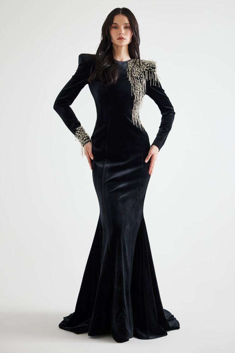 Nail Bead Embroidery Velvet Maxi Dress