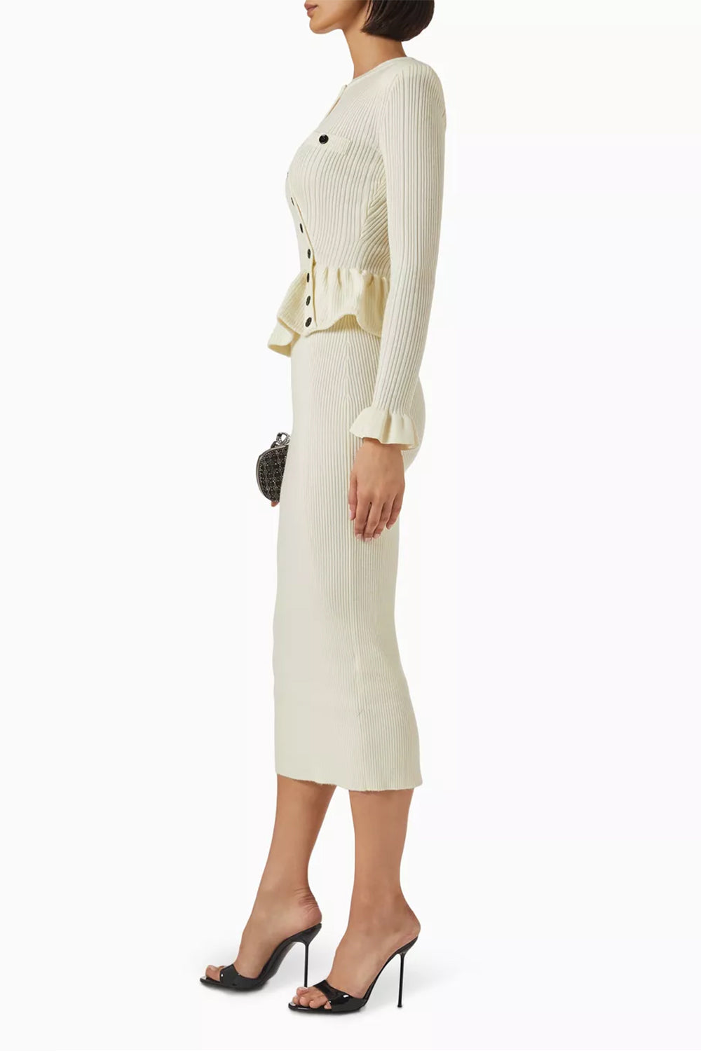 Knit Ruffle Button Top & High Waist Midi Skirt Set