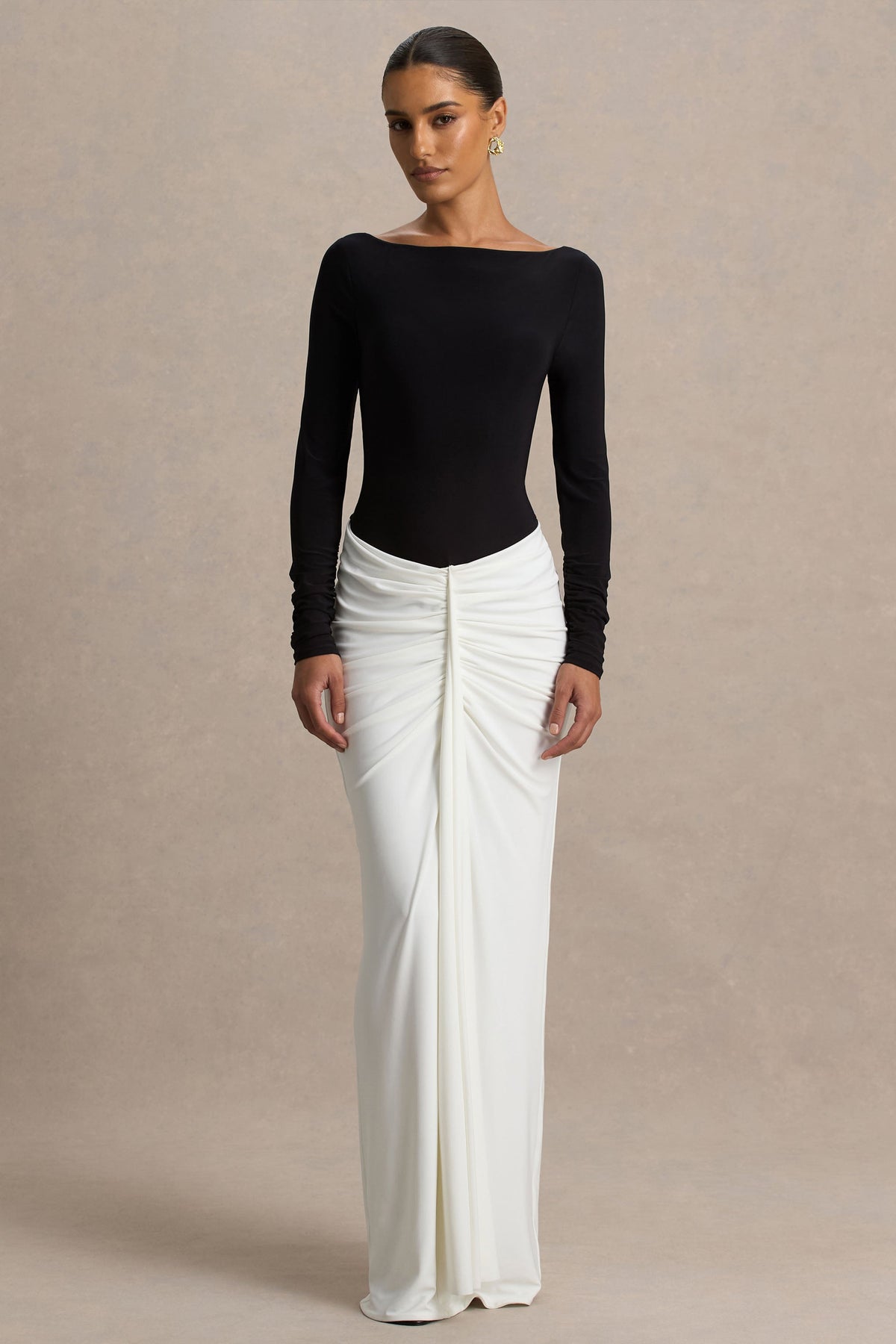 Contrast Color Ruched Long Sleeve Maxi Dress