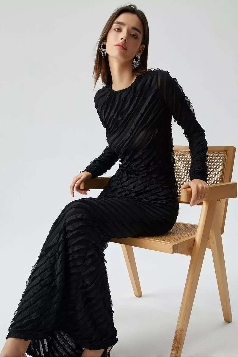 Mesh Frill Long Sleeve Maxi Dress