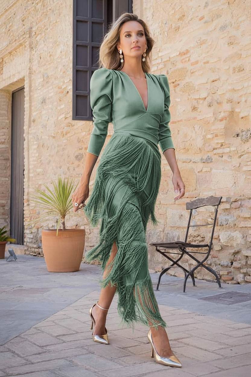 Tassel Ruched Long Sleeve Midi Dress