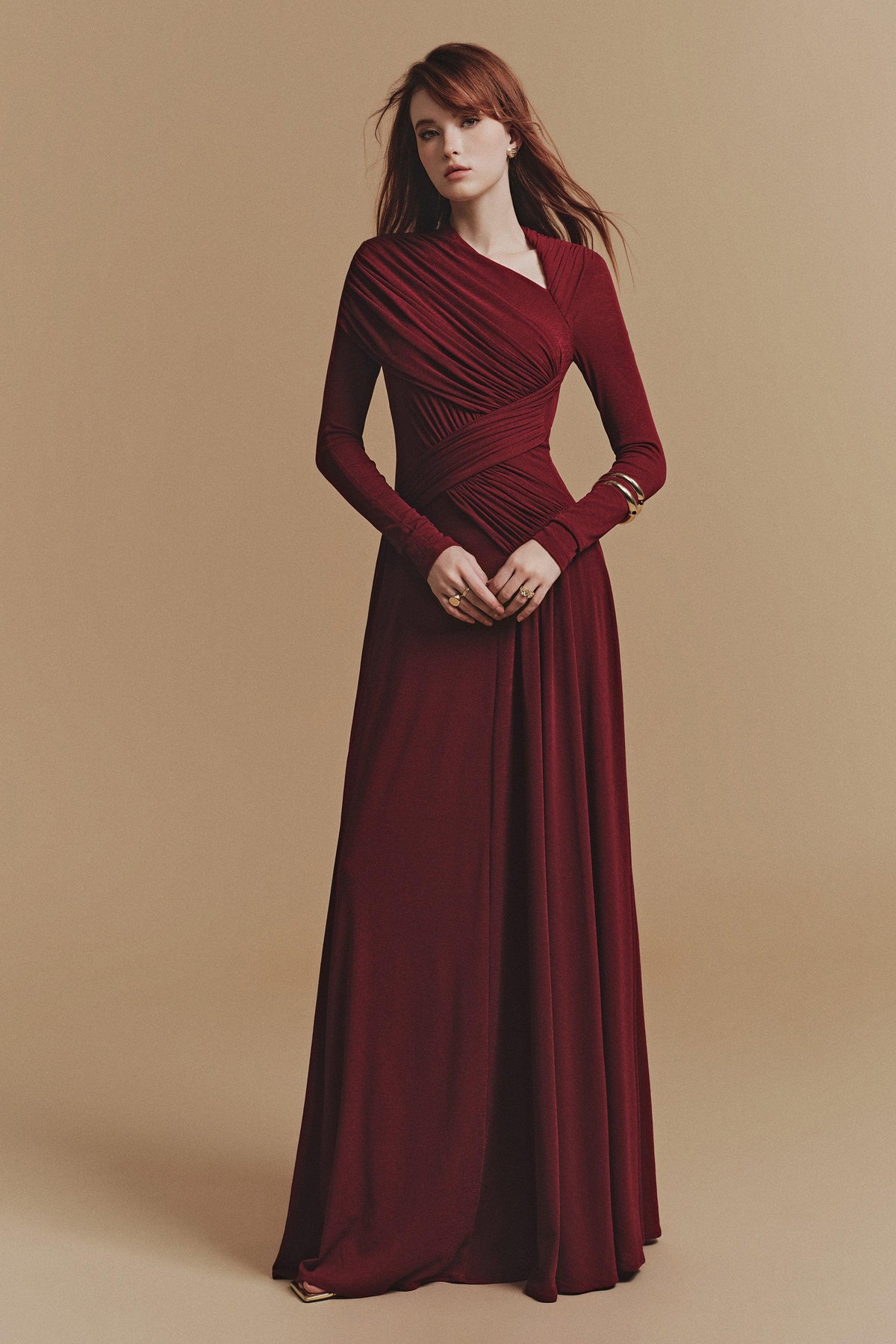 Jersey Gathering Asymmetrical Neck Maxi Dress