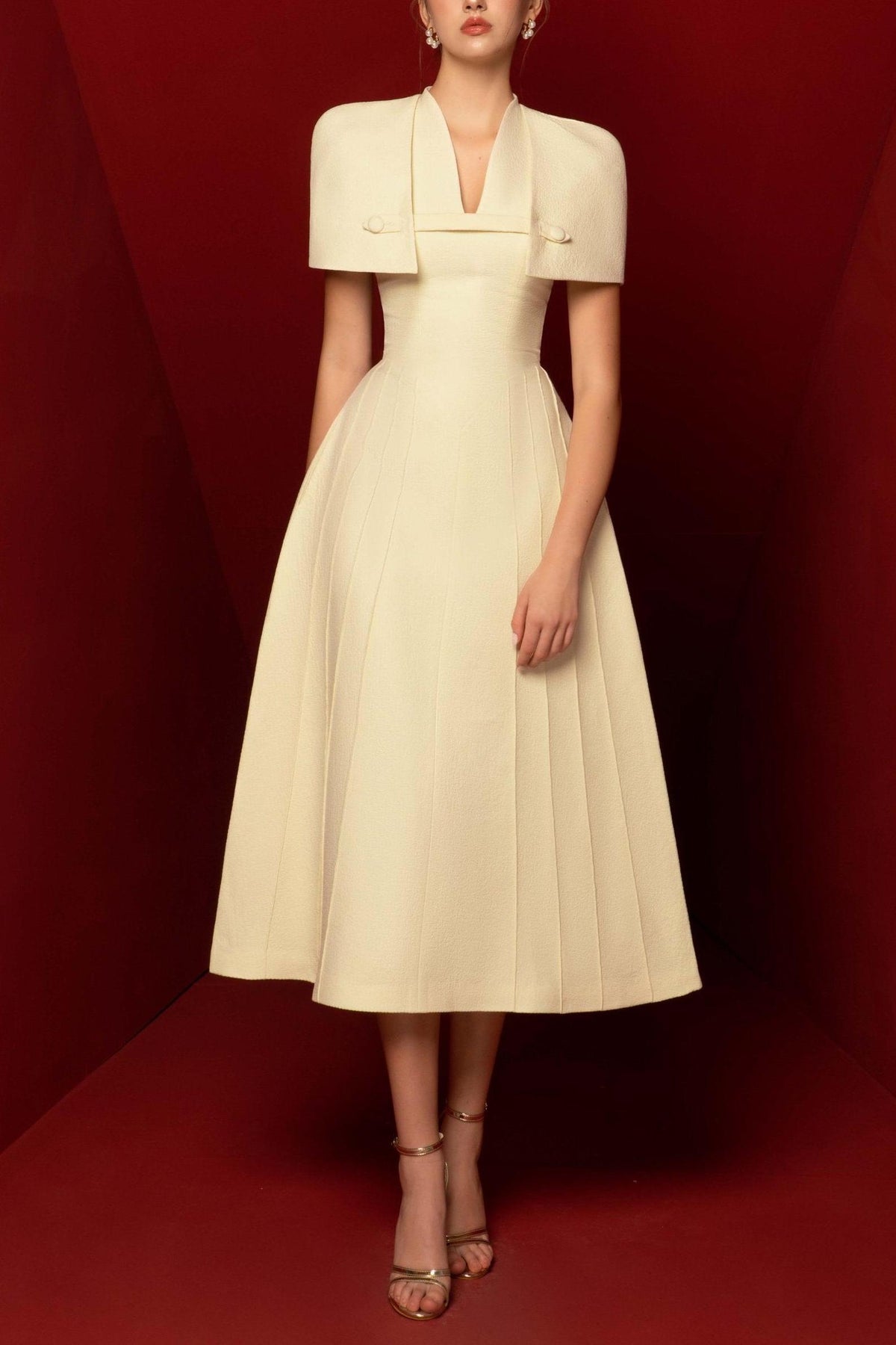 V-Neck Ruched Midi Dress With Cape