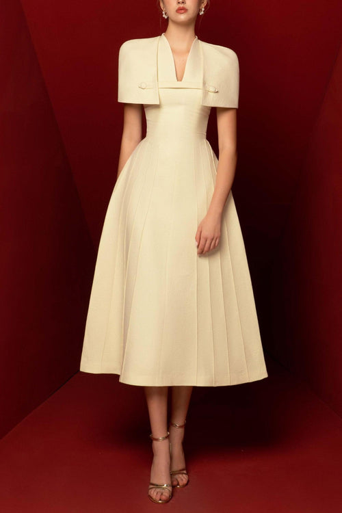 V-Neck Ruched Midi Dress With Cape