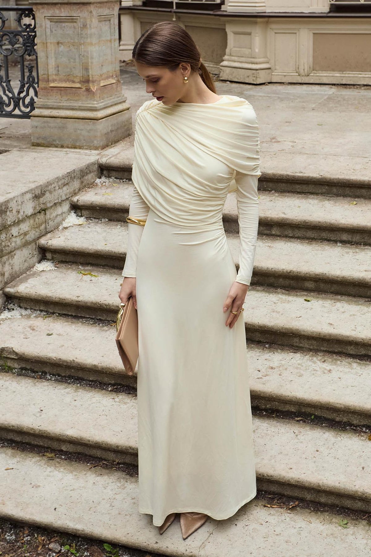 Solid Gathering Long Sleeve Maxi Dress