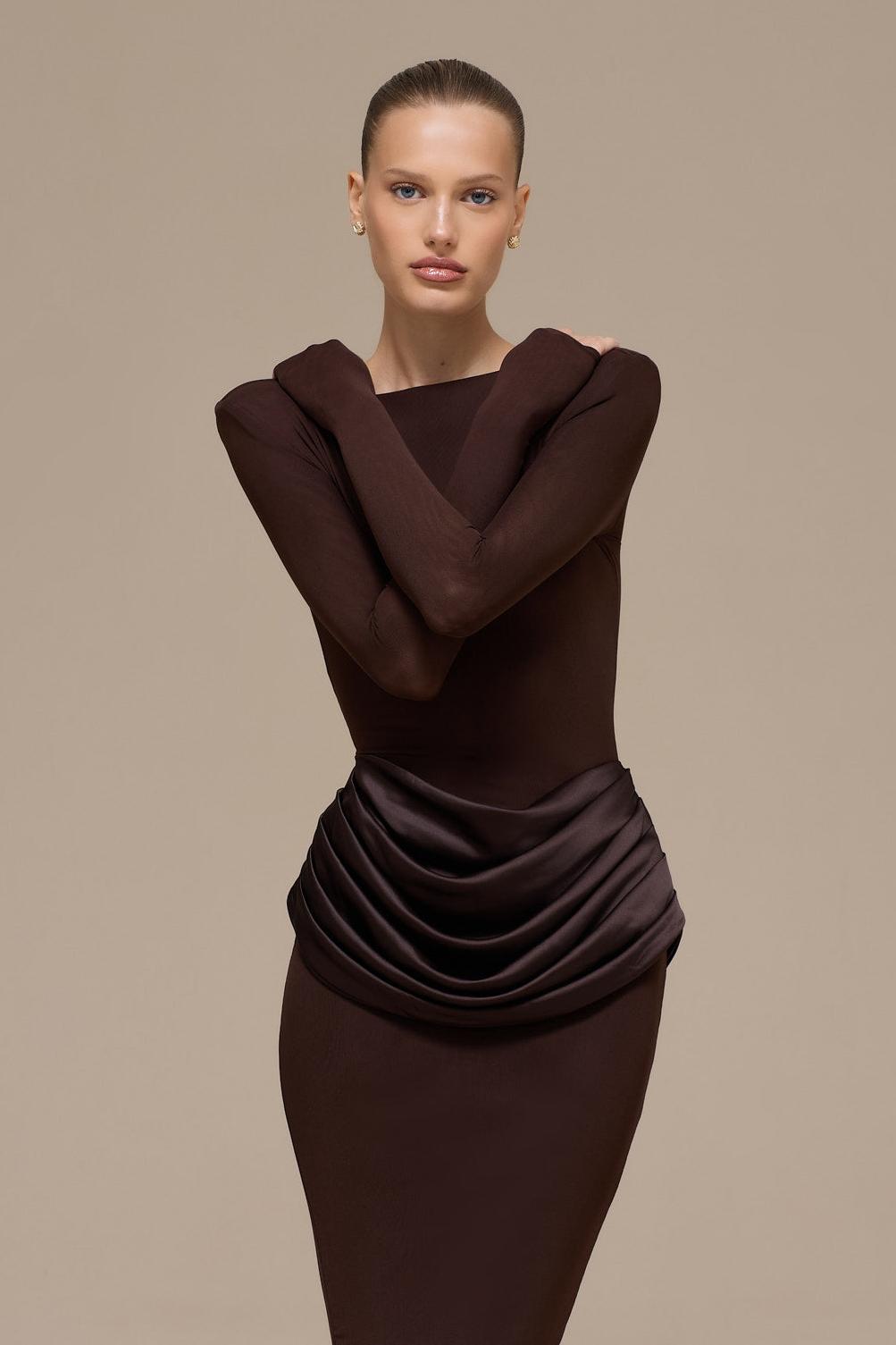 Jersey Splicing Satin Long Sleeve Maxi Dress