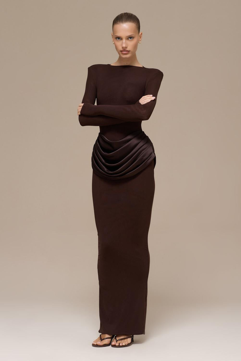 Jersey Splicing Satin Long Sleeve Maxi Dress