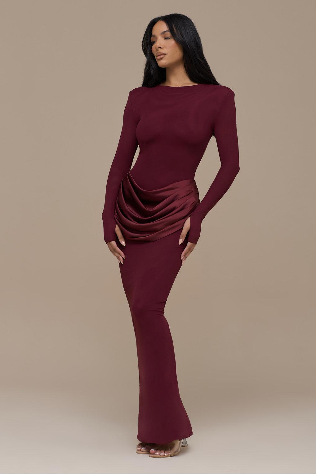 Jersey Splicing Satin Long Sleeve Maxi Dress