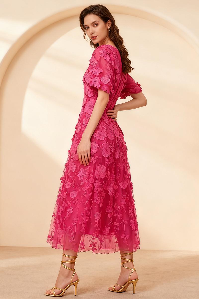 Embroidered V-Neck Puff Sleeve Midi Dress