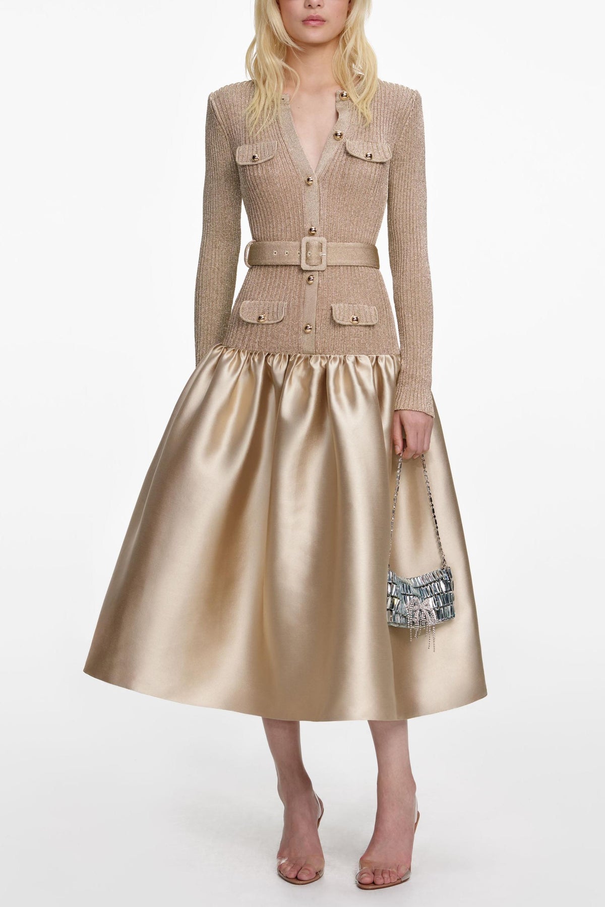 Knit Splicing Satin Midi Dress With Belt