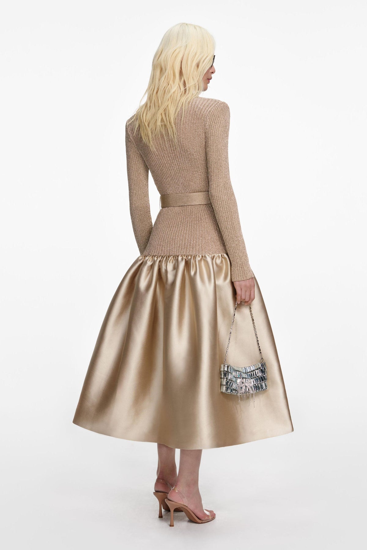 Knit Splicing Satin Midi Dress With Belt