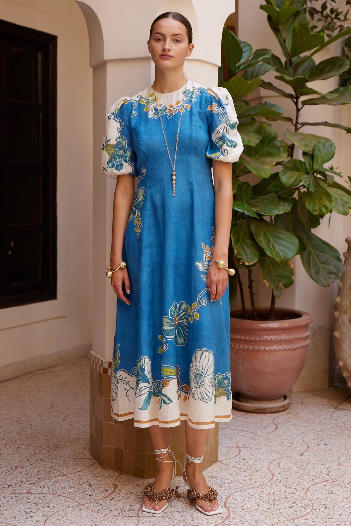Floral Round Neck Puff Sleeve Midi Dress