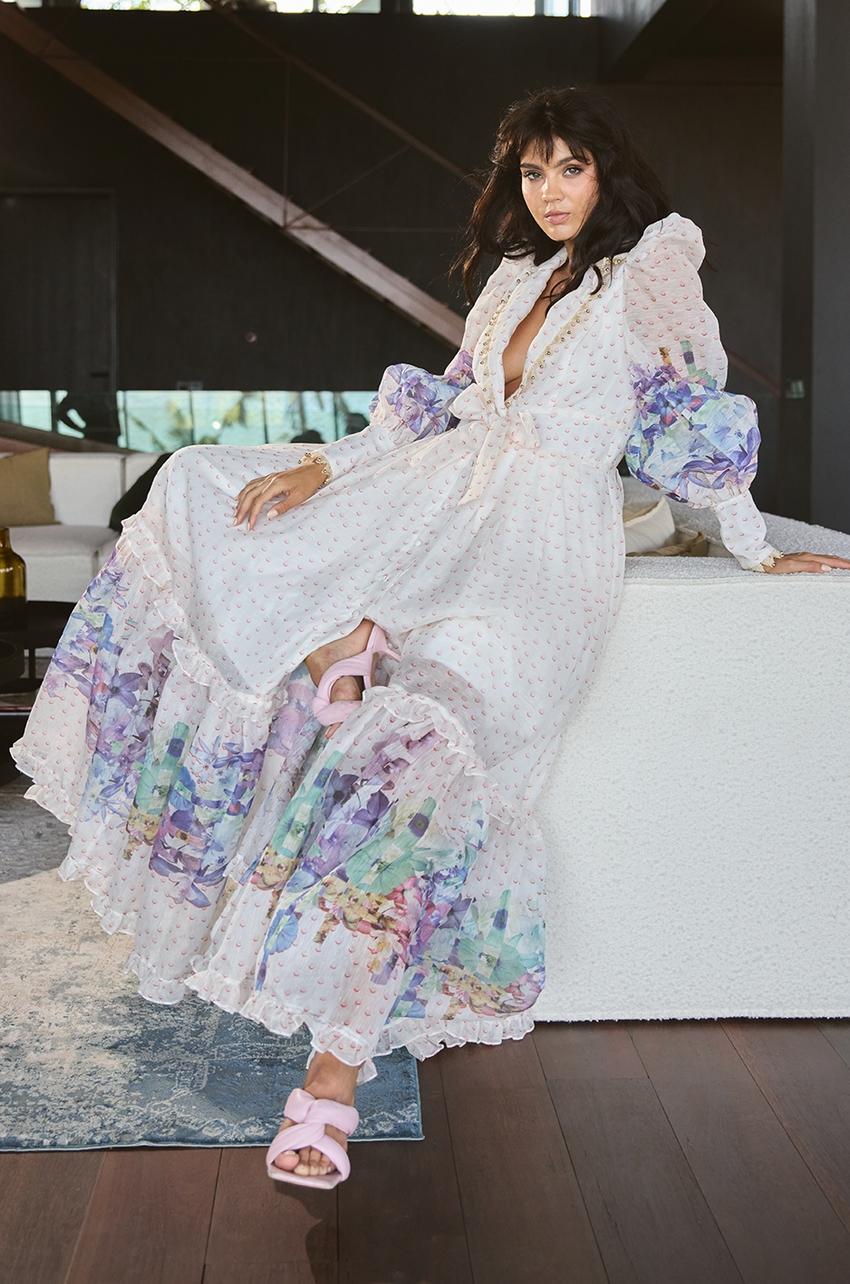 Floral Rivet Tie-Up Midi Dress