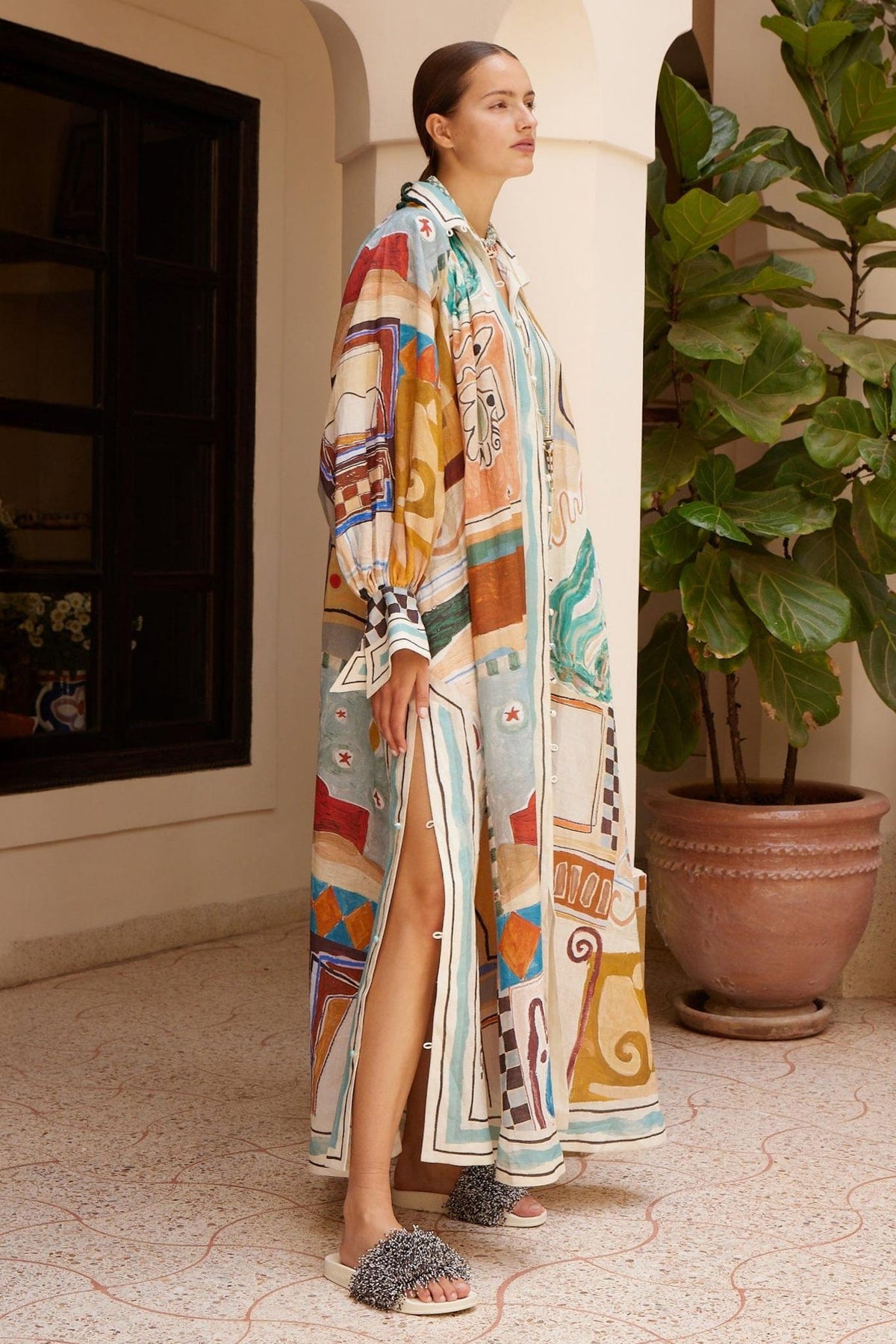 Abstract Print Single Breasted Stand Collar Midi Dress