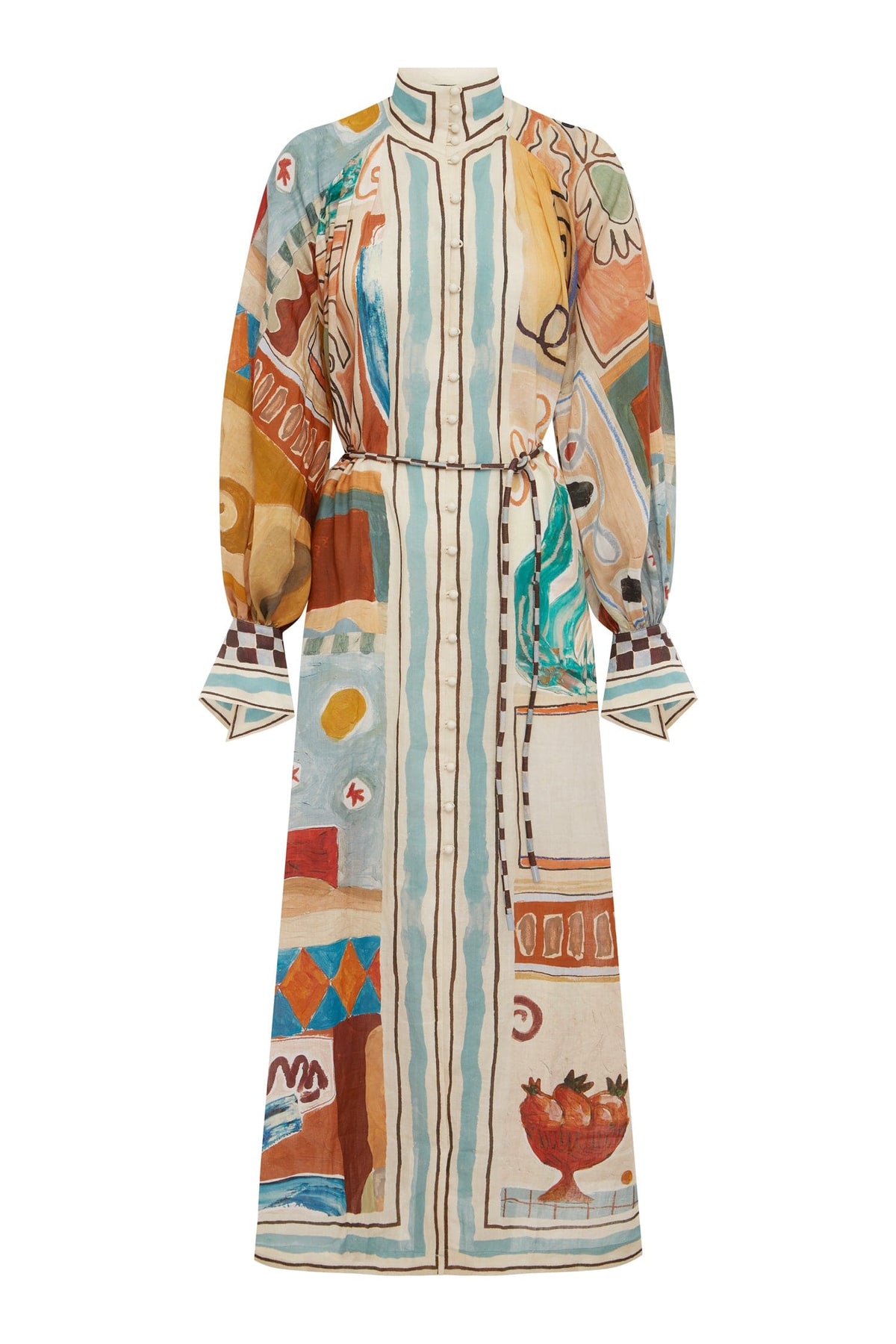 Abstract Print Single Breasted Stand Collar Midi Dress