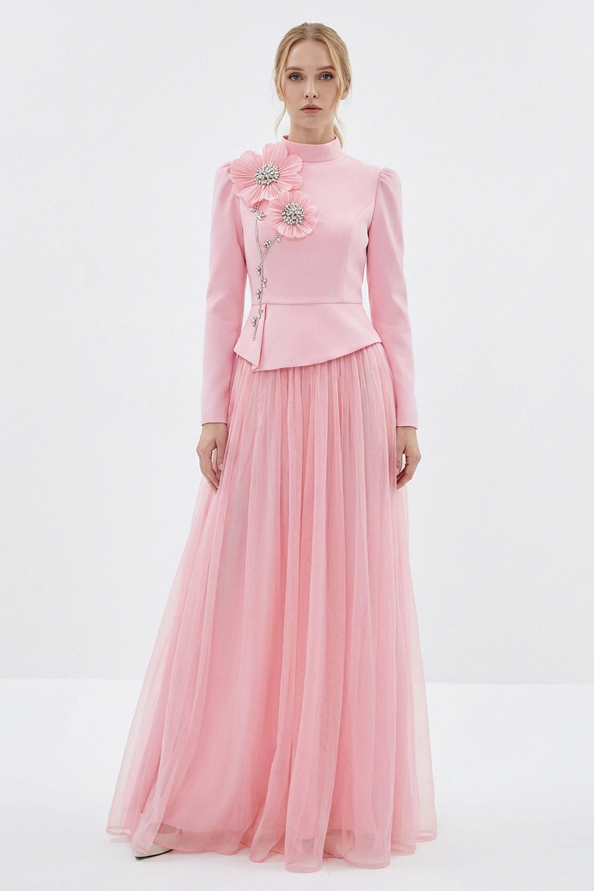 3D Flower Rhinestone Rivets Top & Midi Skirt Set