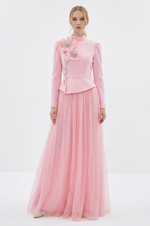 3D Flower Rhinestone Rivets Top & Midi Skirt Set