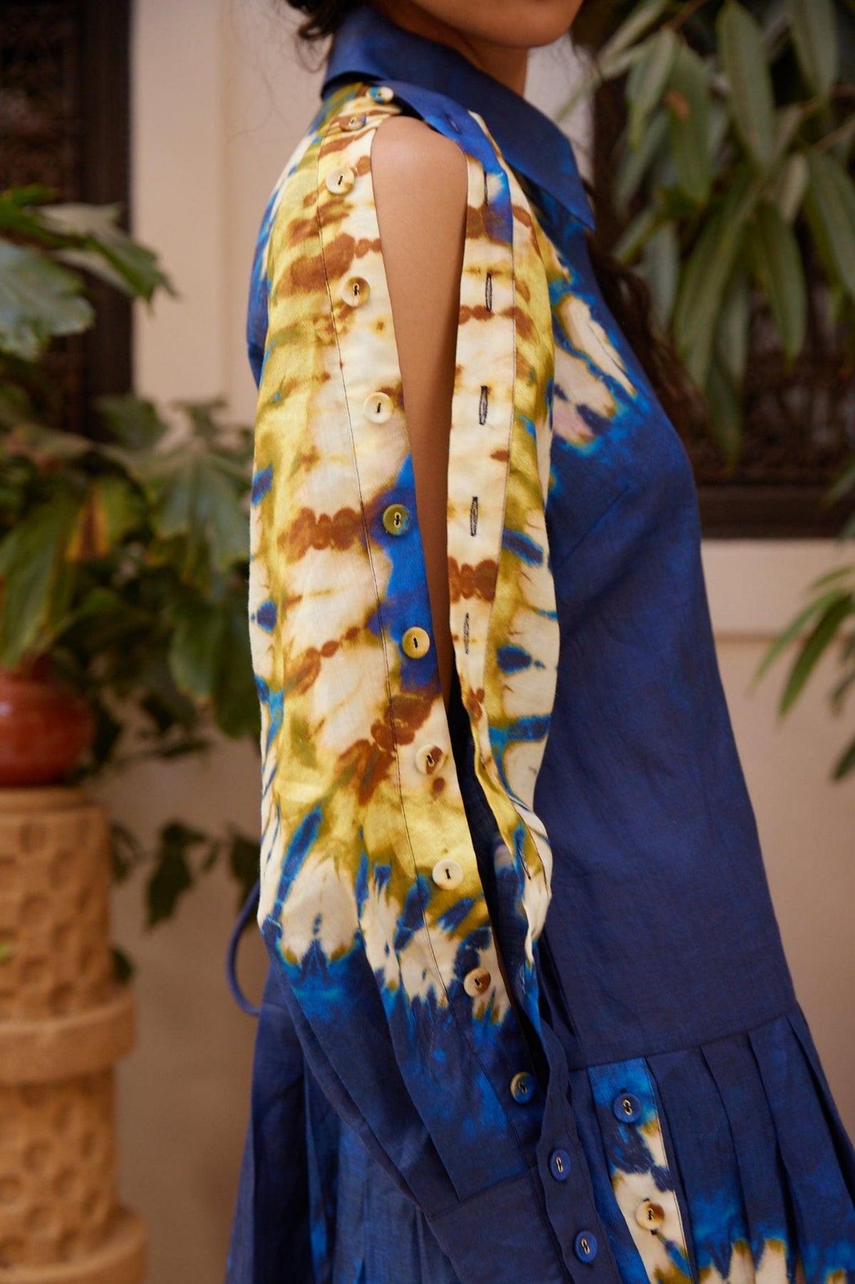 Tie Dye Pleated Button Midi Dress