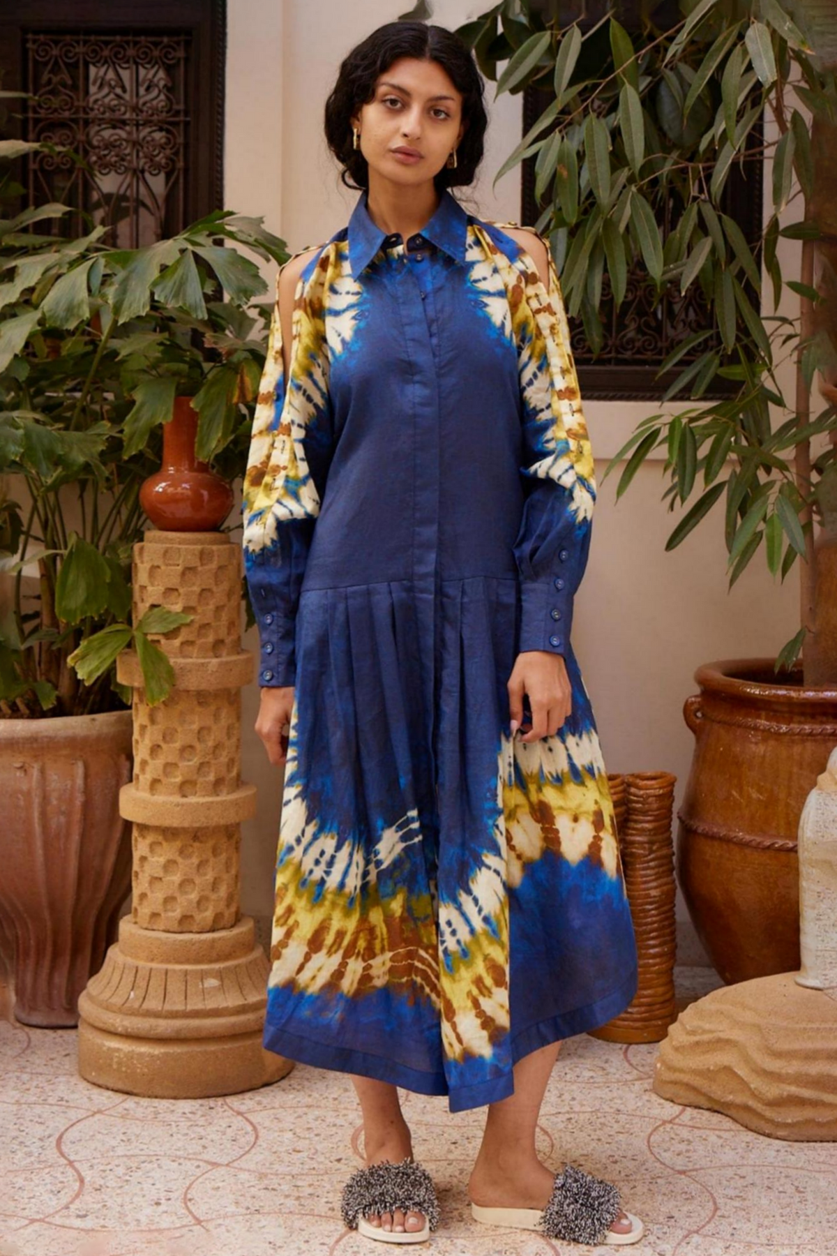 Tie Dye Pleated Button Midi Dress