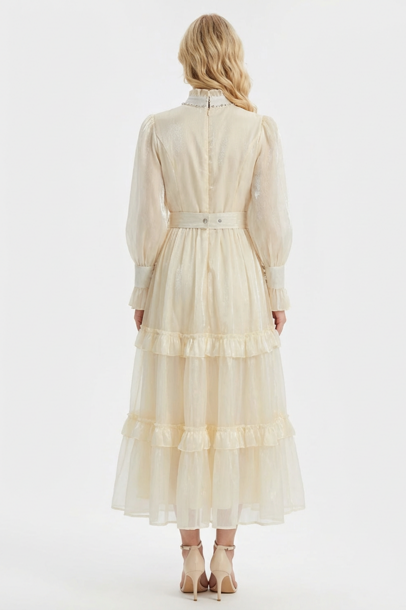 Beaded Stand Collar Midi Dress With Belt