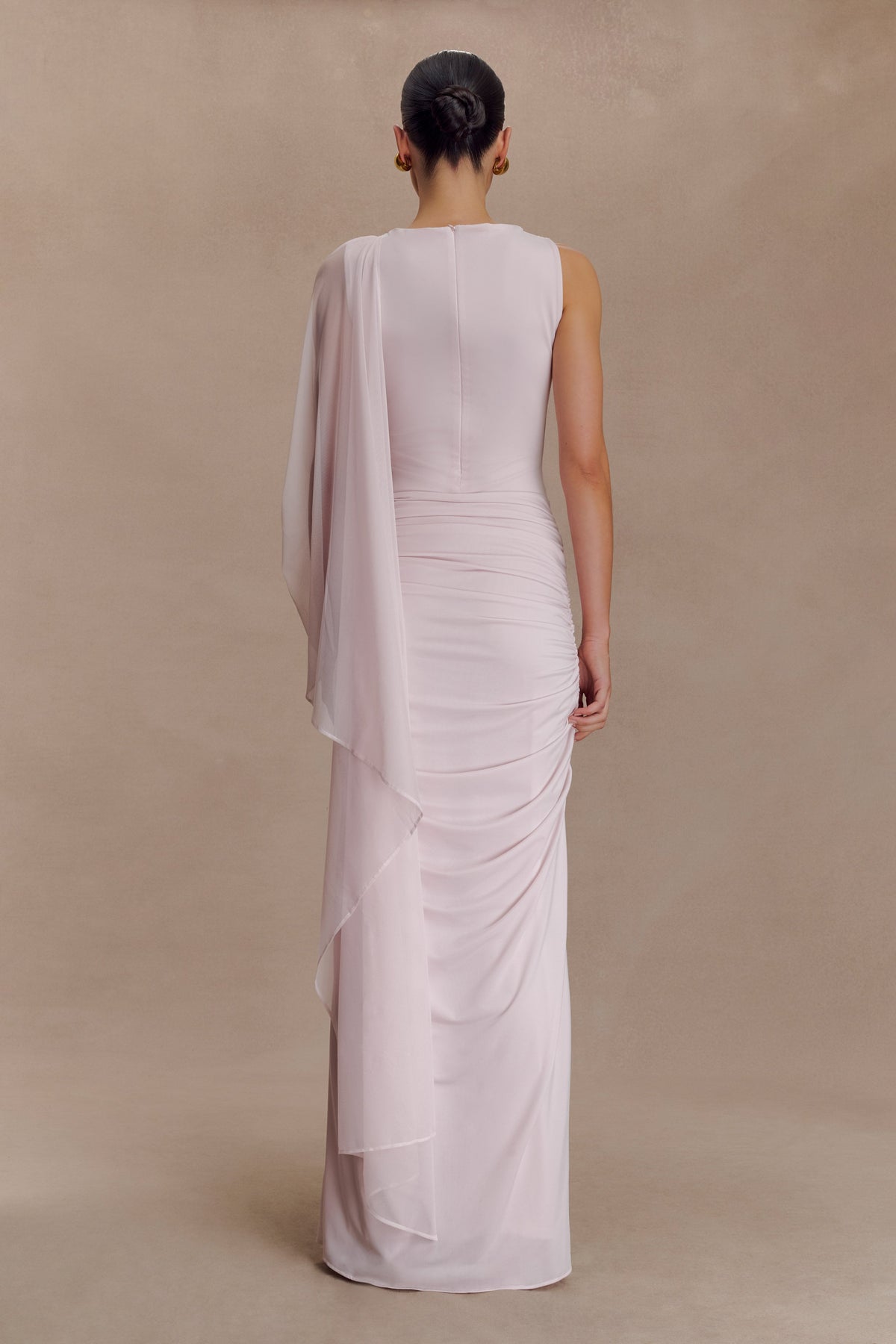Jersey Gathering Asymmetrical Sleeve Maxi Dress