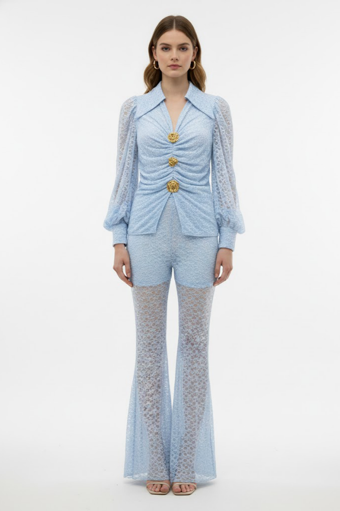 Lace Metal Button Top & High Waist Pants Set