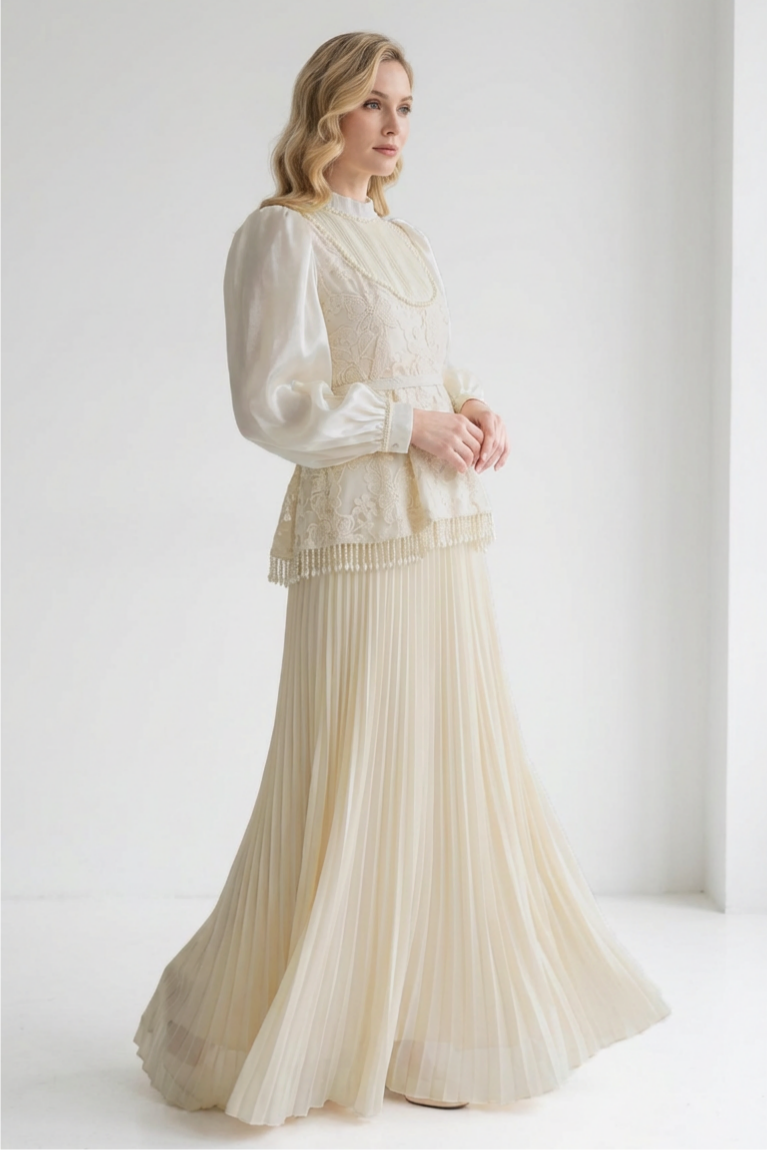 Faux Pearl Lace Pleated Midi Dress