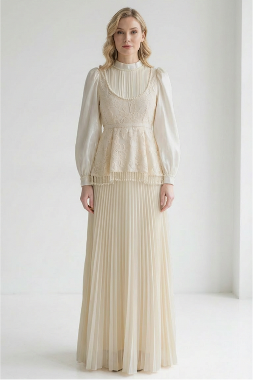 Faux Pearl Lace Pleated Midi Dress