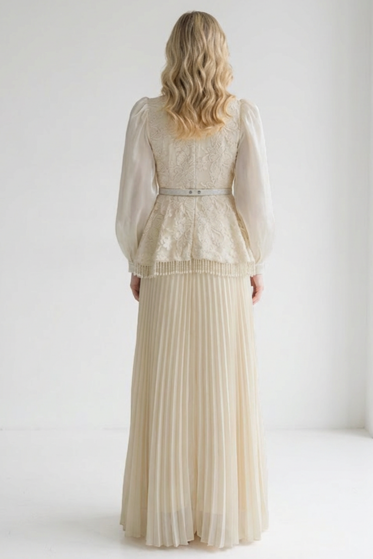 Faux Pearl Lace Pleated Midi Dress