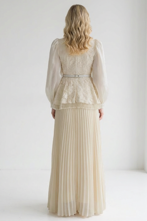 Faux Pearl Lace Pleated Midi Dress
