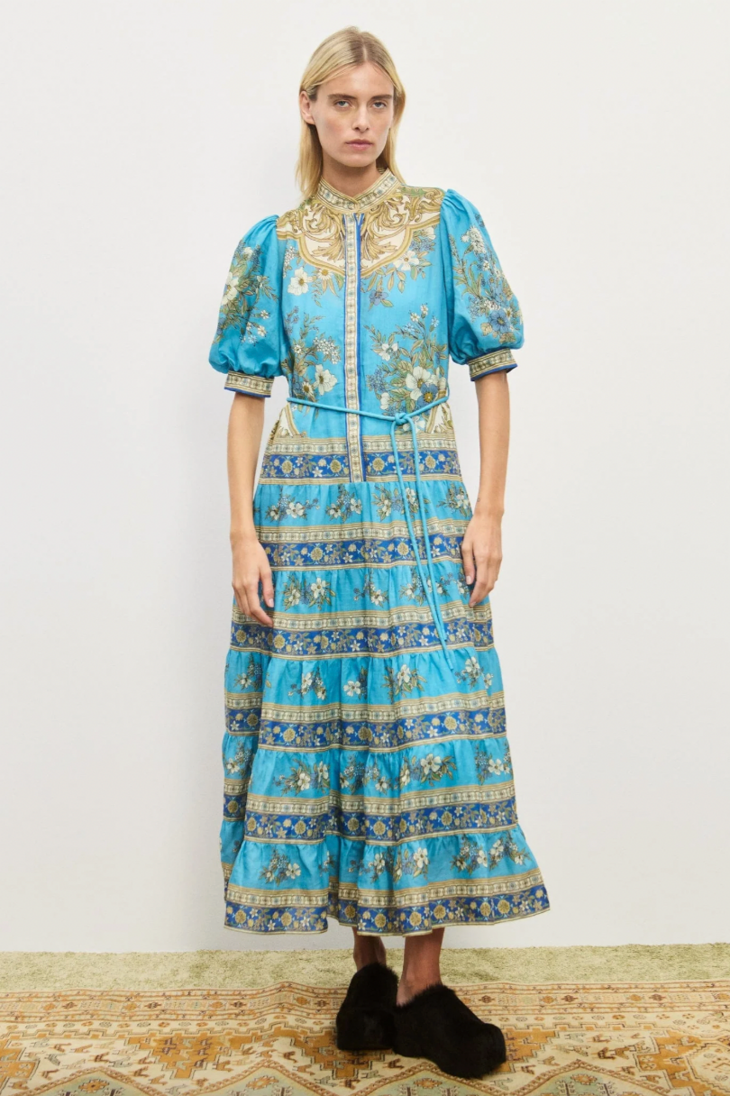 Paisley Print Stand Collar Puff Sleeve Midi Dress