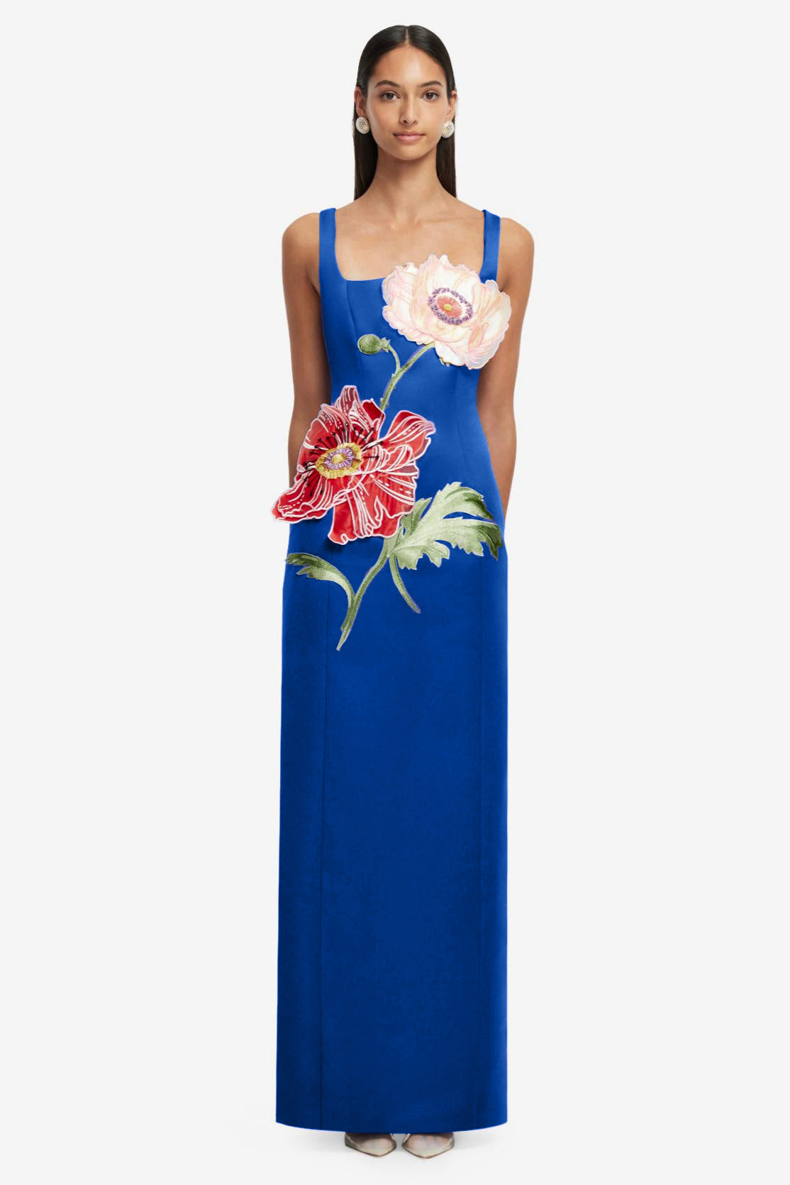 Satin Embroidered Square Collar Maxi Dress