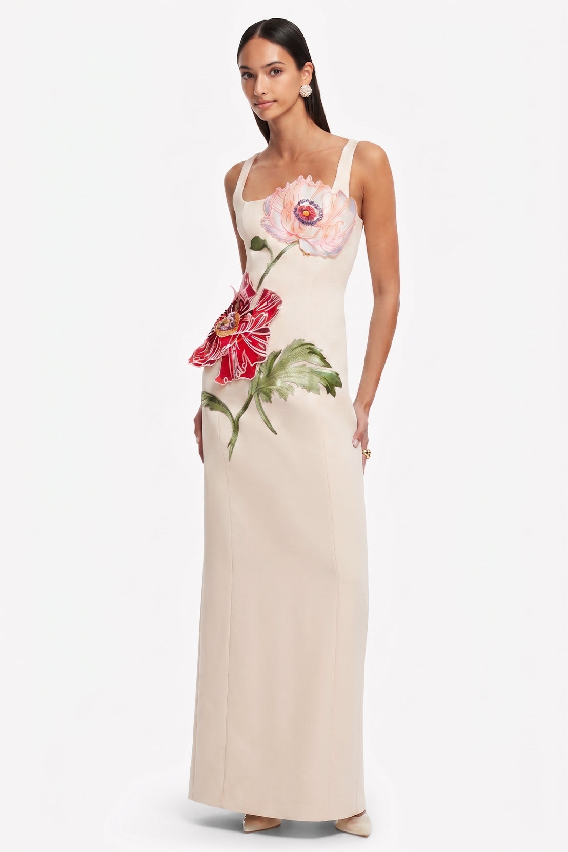 Satin Embroidered Square Collar Maxi Dress