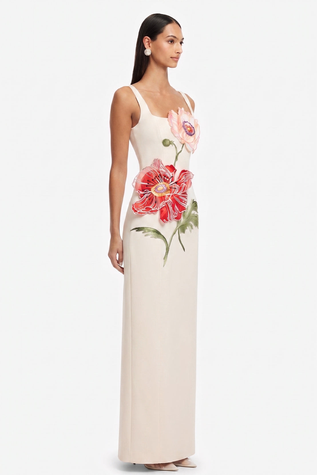 Satin Embroidered Square Collar Maxi Dress