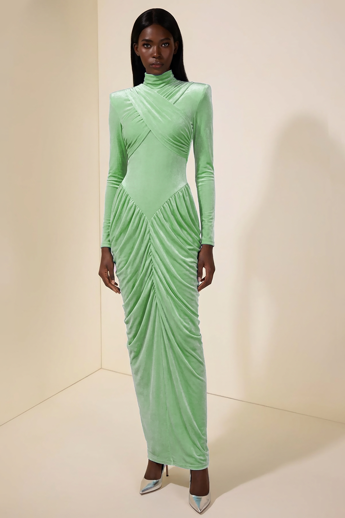Jersey Stand Collar Backless Maxi Dress