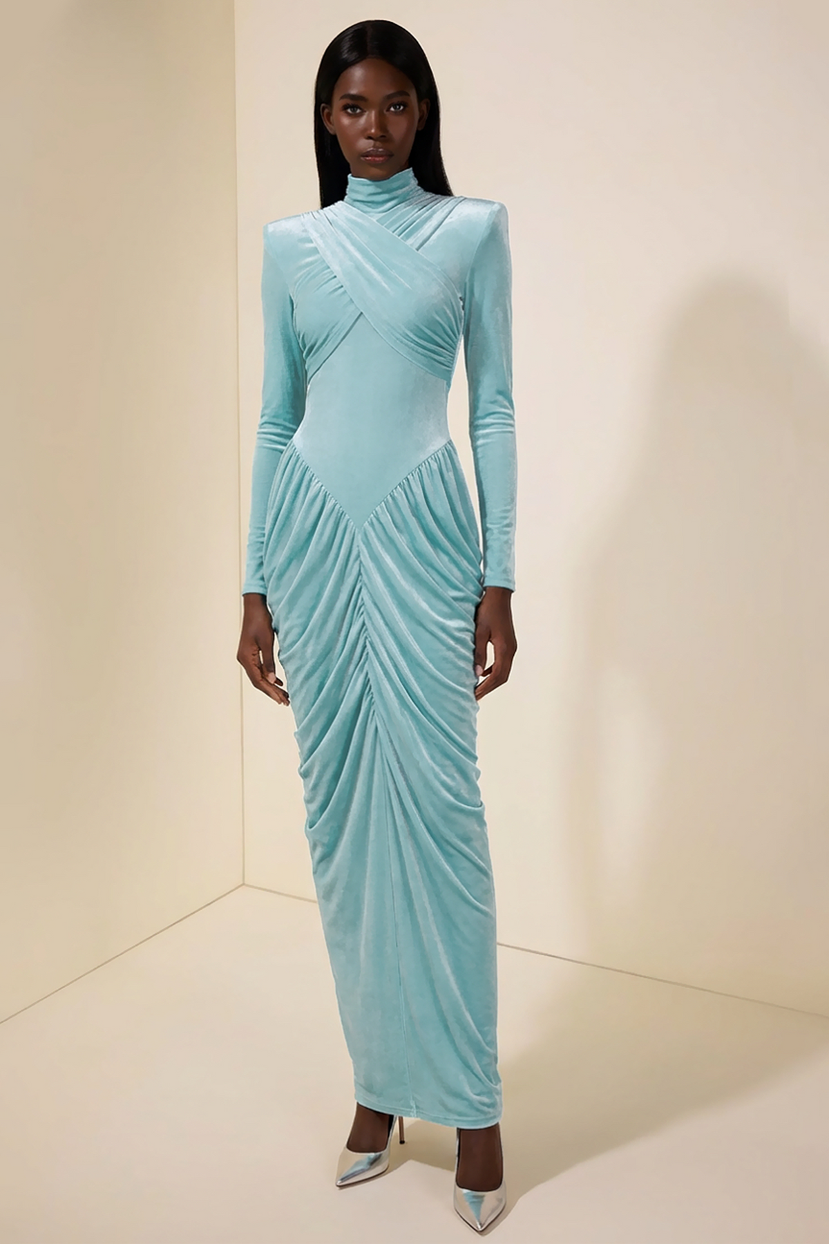 Jersey Stand Collar Backless Maxi Dress