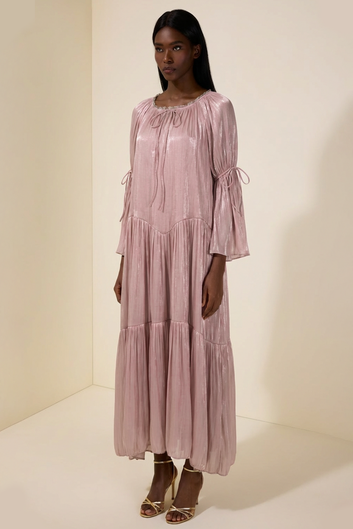 Satin Rhinestone Rivets Tie-Up Maxi Dress