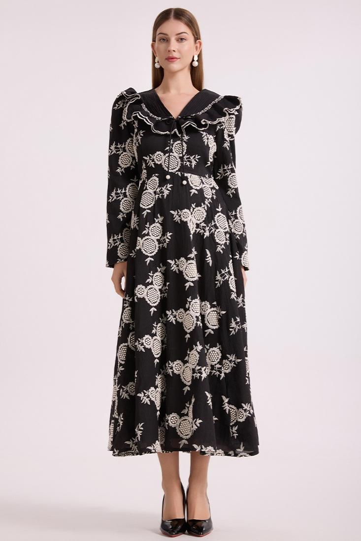 Chiffon Embroidered Ruffle Midi Dress