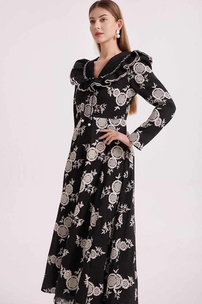 Chiffon Embroidered Ruffle Midi Dress
